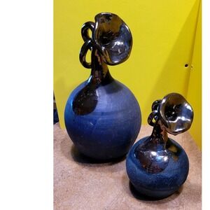 Studio Art Pottery Vases Set of 2 Cobalt Blue Metallic Bronze Brutalist Modern